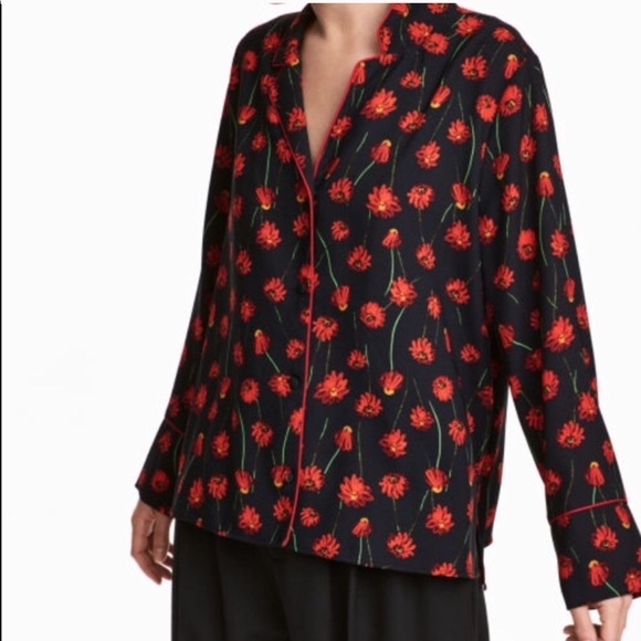 H&M Tops - H&M Navy and Red Floral PJ Style Button Up Blouse
